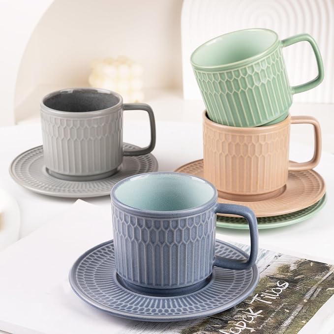 Large Cappuccino Cups with Saucers Set of 4, 8 Ounce Stackable Embossed Ceramic Coffee Mugs for Specialty Coffee Drinks, Latte, Cafe Mocha and Tea, Dishwasher & Microwave Safe (Mix)-Ruum Studio Home