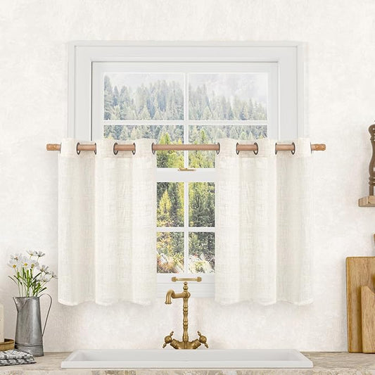 LAMIT Short Sheer Linen Curtains 30 inches Long, Bronze Grommet Linen Drapes Light Filtering Semi Sheer Curtains for Small Window/Kitchen/Cafe, 2 Panels, 34 x 30 Inch, Cream-Ruum Studio Home