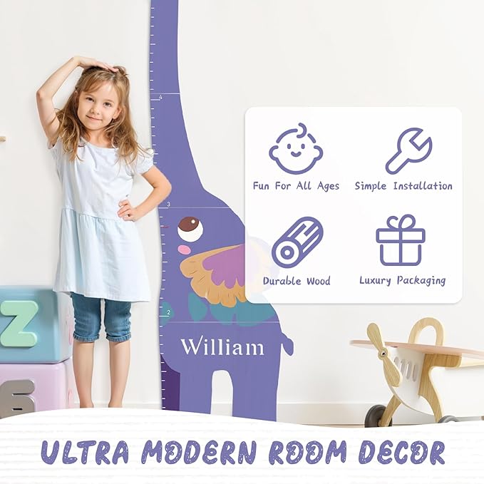 Personalized Name Growth Chart for Kids, Elephant Patchwork Wooden Height Chart for Wall Decor, Custom Height Ruler, Baby Boy Girl Measurement Ruler for Bedroom Playroom, Easy to Mark-Ruum Studio Home