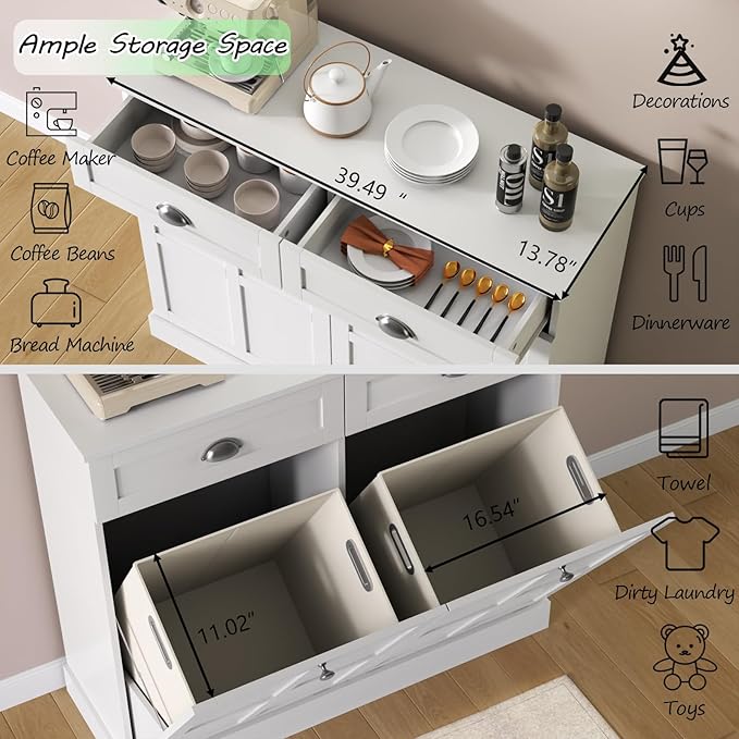 Loomie Double Tilt Out Laundry Hamper Cabinet, Hidden Laundry Cabinet with 2 Drawers & 2 Baskets, 30 Gallon Trash Can for Bathroom, Kitchen, White-Ruum Studio Home