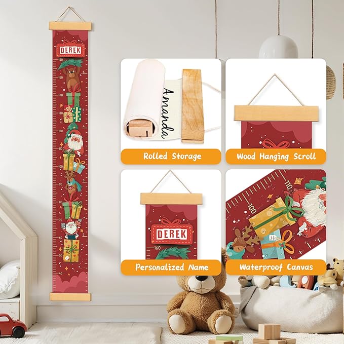 Personalized Name Growth Chart Wall Decor for Kids – Canvas Removable Height Chart Measuring Ruler 59" x 7.9" (Santa Claus Gifts)-Ruum Studio Home