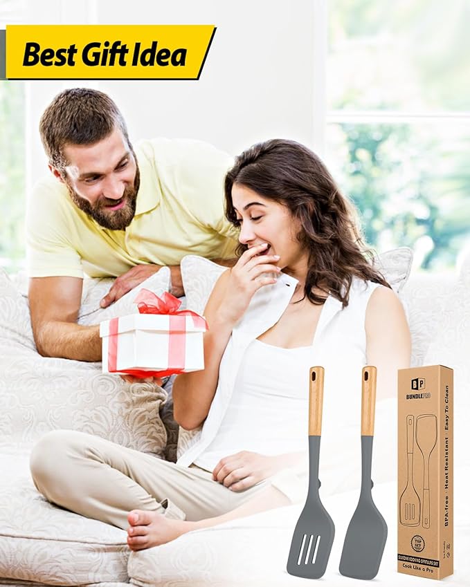 Pack of 2 Large Silicone Spatula, Heat Resistant Solid Turner, Non Stick Slotted Spatulas with Wooden Handle, Ideal Kitchen Utensils for Flipping, Pancakes, Eggs, Fish(GRAY)-Ruum Studio Home
