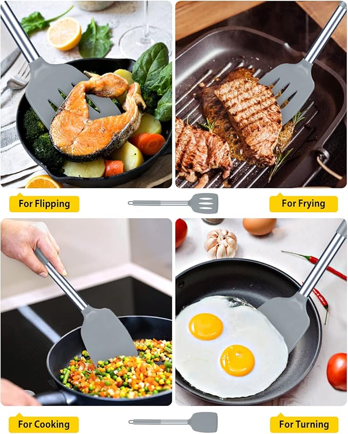 Pack of 2 Silicone Solid Turner, Non Stick Slotted Kitchen Spatulas, High Heat Resistant BPA Free Cooking Utensils, Ideal Cookware for Fish, Eggs, Pancakes(Gray)-Ruum Studio Home