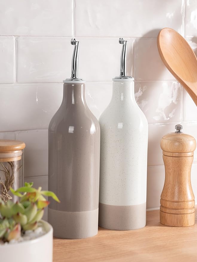 famiware Milkyway 16oz Ceramic Olive Oil Dispenser Bottle, Olive Oil and Vinegar Dispenser Bottle Set of 2 with Stainless Steel Pourers, Suitable for Storage Vinegar, Liquids, White and Cinnamon Brown-Ruum Studio Home