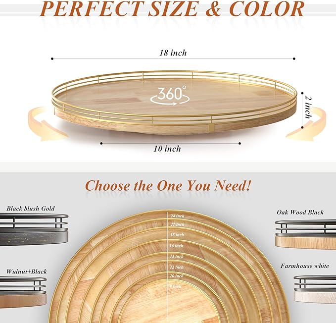 18 Inch Rustic Lazy Susan Turntable – Solid Oak & Iron Wood Rotating Tray for Dining Table, Kitchen Counter, Coffee Table – Farmhouse Style Large Wooden Lazy Susan Organizer for Home Décor-Ruum Studio Home
