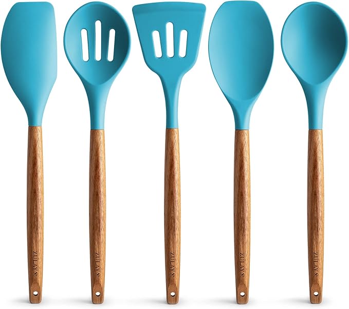 Zulay Kitchen Non-Stick Cooking Utensils Set with Authentic Acacia Wood Handles – 5-Piece Durable & Stylish Silicone Kitchen Utensils Set – Heat Resistant to 464°F – Blue-Ruum Studio Home