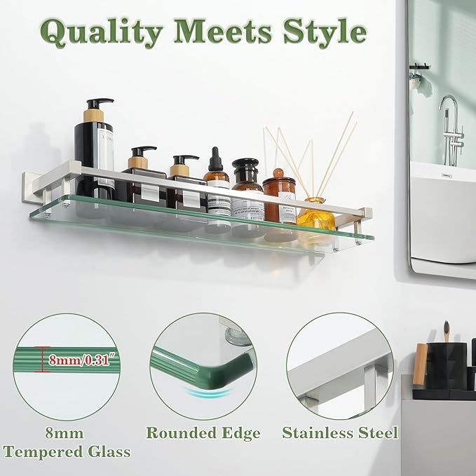 Alise Bathroom Shelf Wall Mounted, Brushed Nickel Large Capacity Glass Shelf for Bathroom, 24 inch-Ruum Studio Home