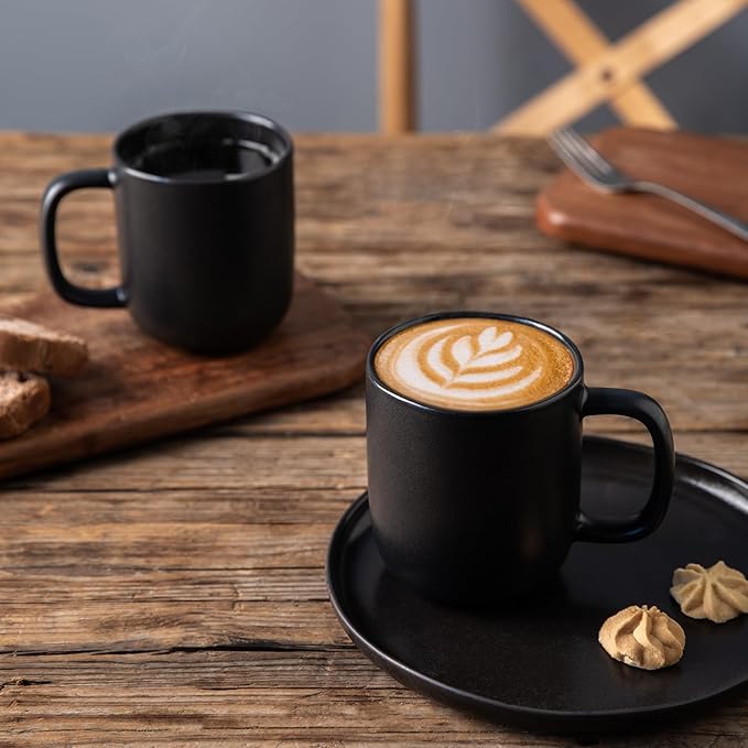 AmorArc 14oz Coffee Mugs Set of 6, Ceramic Coffee Mugs with Large Handle & Wavy Rim for Latte/Hot Cocoa/Tea, Stylish Coffee Mugs for Men Women. Oven,Dishwasher&Microwave Safe, Matte Black-Ruum Studio Home