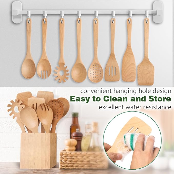 Wooden Spoons for Cooking, 8 Pcs Beech Wood Wooden Kitchen Cooking Spoon Utensil Tools Set Includes Spatula Skimmer Pasta Scoop Non-Stick Cookware Safe by HOWHONG-Ruum Studio Home