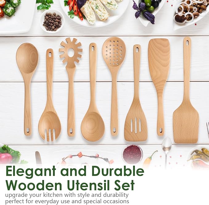 Wooden Spoons for Cooking, 8 Pcs Beech Wood Wooden Kitchen Cooking Spoon Utensil Tools Set Includes Spatula Skimmer Pasta Scoop Non-Stick Cookware Safe by HOWHONG-Ruum Studio Home
