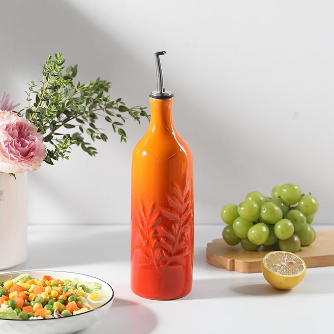 Sweejar Ceramic Olive Oil Dispenser Bottle, 24 Oz Relief Opaque Oil Cruet Protects To Reduce Oxidation, Suitable for Storage Soy Sauce, Coffee Syrup, Liquids, Set of 1 (Gradient Orange)-Ruum Studio Home
