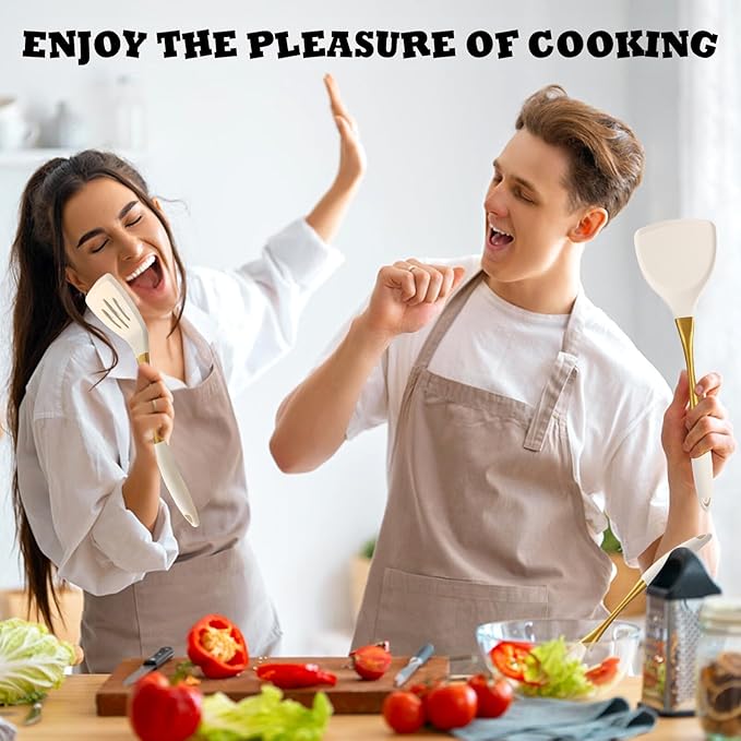 Heat-Resistant Silicone Kitchen Spatula Set – Non-Toxic Cooking Utensils with Solid & Slotted Designs –Food Grade Silicone and Stainless Steel Handles –Ideal for Nonstick Cookware, Gold-Ruum Studio Home