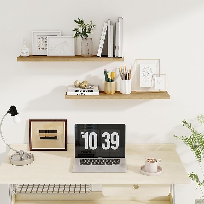 Fun Memories Floating Shelves for Wall, 32" Rustic Wood Deep Wall Mounted Shelves with Invisible Brackets for Decor & Storage, Floating Shelf for Living Room, Bathroom (Oak, Set of 2)-Ruum Studio Home