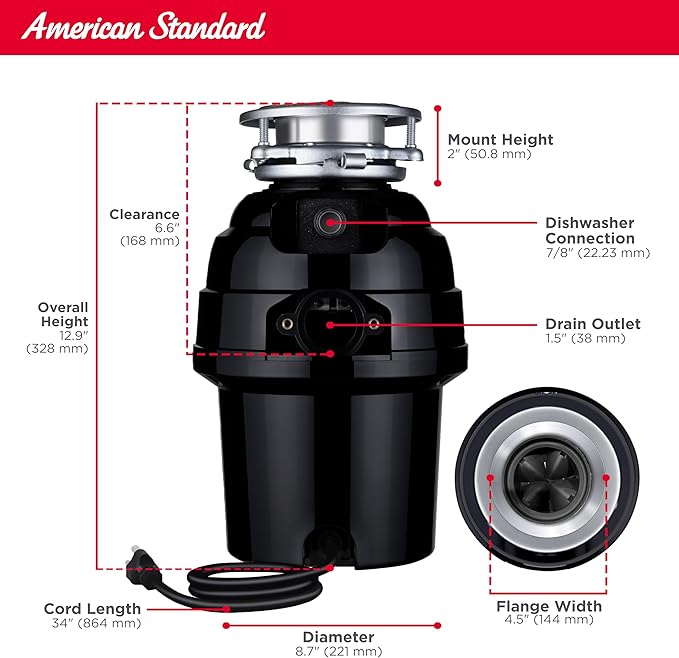 American Standard 10-US-AS-7 Garbage Disposal Anti-Jam Stainless Steel Food Waste Grinding System, Heavy Duty, 3/4 HP, Black-Ruum Studio Home