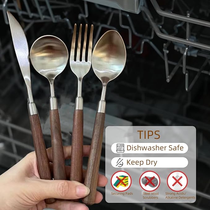 Silverware Set 16 Piece Flatware Cutlery Set Service for 4,18/10 Stainless Steel Forged Walnut Wooden Handle Matte Brushed Dishwasher Safe Premium Durable Utensil Sets for Home Kitchen Wedding-Ruum Studio Home