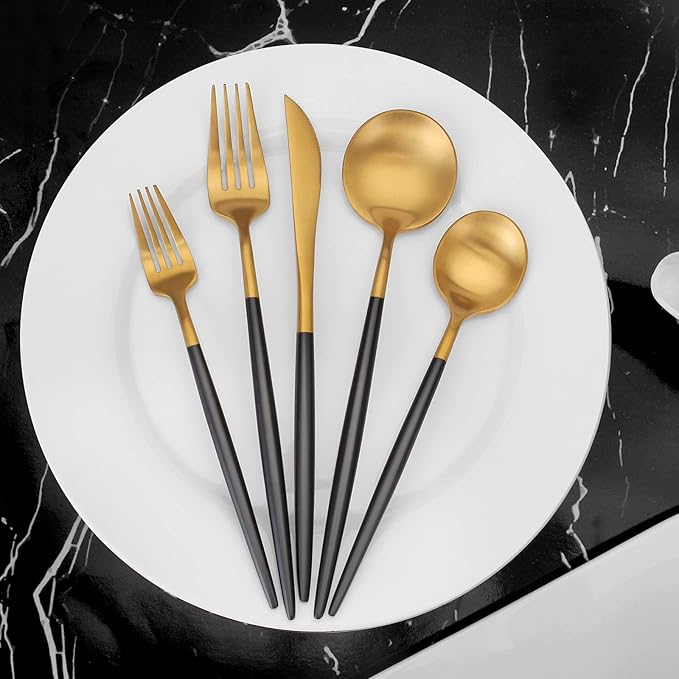 Matte Gold Silverware Set with black handle, Vanys 20 Piece Stainless Steel Cutlery Flatware Set, Kitchen Utensil Sets for 4, Tableware With Knife Spoons And Forks Set, Satin Finished Polished-Ruum Studio Home