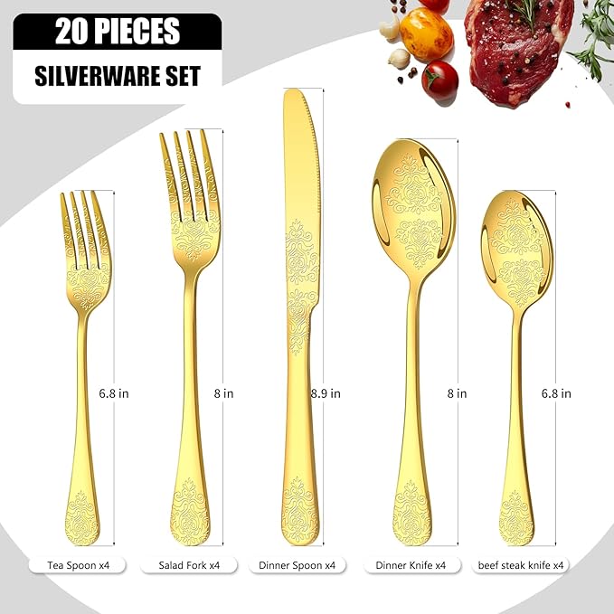 20 Pcs Gold Silverware Set for 4 with Classical Flower Embossed Design, Food Grade Stainless Steel Flatware Set, Eating Utensils Sets Include Fork/Knife/Spoon, Cutlery Set, Dishwasher Safe-Ruum Studio Home