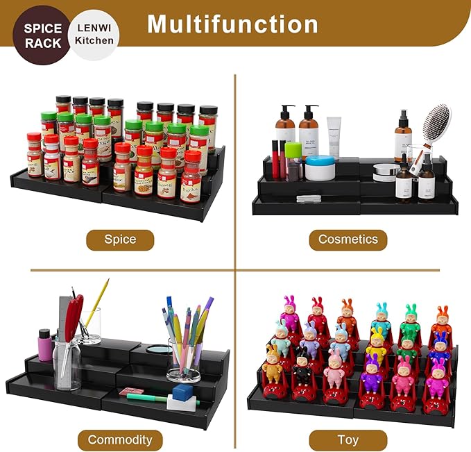 Spice Rack Organizer for Cabinet 2Pack, 3 Tier Expandable Bamboo Spice Storage, Great for Kitchen Cabinet, Cupboard,Pantry and More(Black)-Ruum Studio Home