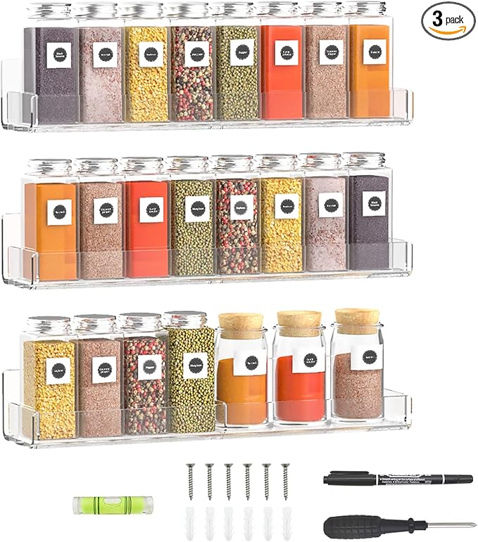 15 Inch Acrylic Spice Rack Wall Organizer Set of 3, Clear Acrylic Wall Shelf for Home Organizer, Floating Shelf for Bottle Display, Jars, Spice, Wine, Books, Toiletries-Ruum Studio Home