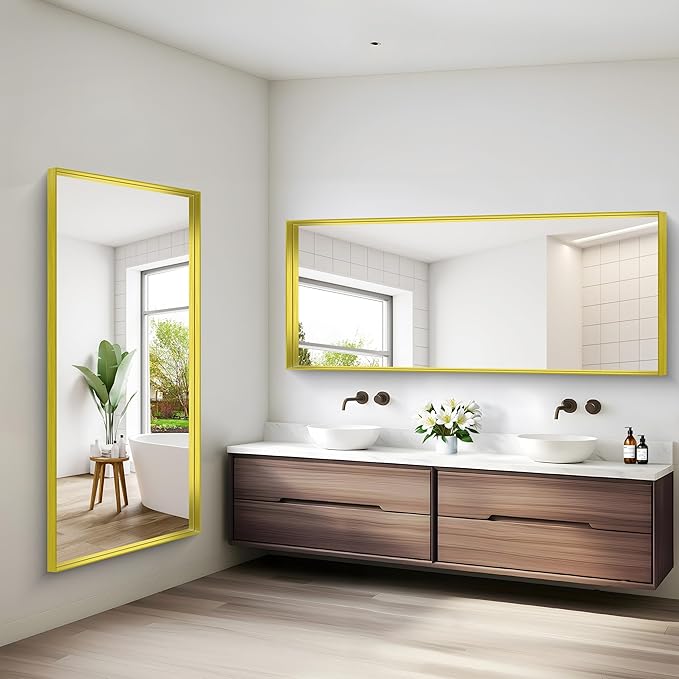 Gold Bathroom Mirror, 72x30 Inch Rectangular Framed Mirror, Large Wall Mounted Bathroom Vanity Mirror Over Sink for Bedroom,Restroom, Living Room, Hangs Vertically or Horizontally-Ruum Studio Home