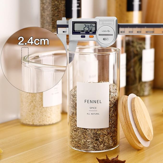 12 Pcs Glass Spice Jars With 296 Spice Labels Preprinted of White and Black Color- 10oz Thicken(2.4mm) Spice Containers With Bamboo Airtight Lids - Empty Small Herb Seasoning Jars-Ruum Studio Home