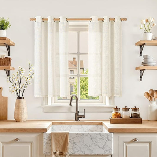 LAMIT Short Linen Curtains 40 Inch for Kitchen Windows Over Sink, Semi Sheer Light Filtering Neutral Curtains Bronze Grommet Panels for Bathroom/Windows, Cream Ivory, 2 Panels, 34 x 40 Inch-Ruum Studio Home