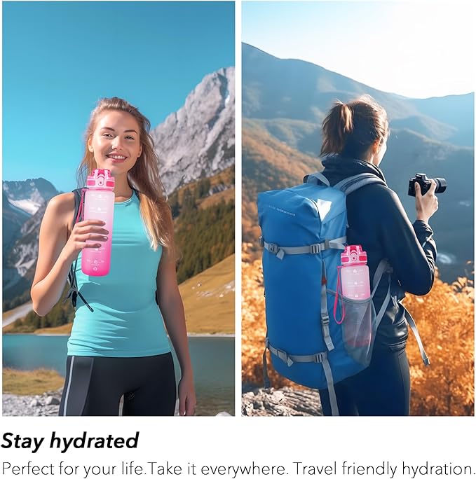 32oz Motivational Water Bottles with Time Marker & Fruit Strainer, Transparent Gradient Color Water Bottle with Times to Drink, Leakproof & BPA Free, Reusable Bottle with Strap (No Straw)-Ruum Studio Home