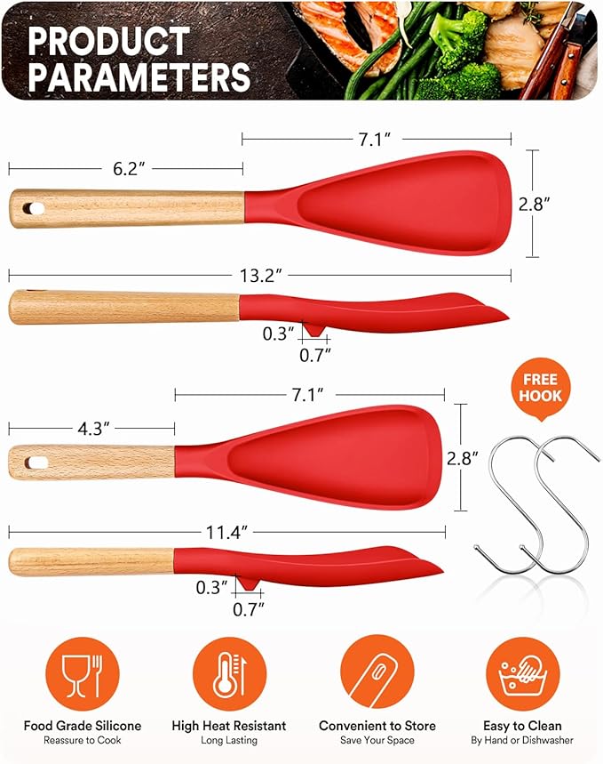 Multifunction Spatula Spoon for Nonstick Cookwares, Great for Cooking and Serving, Sturdy BPA-Free Matte Silicone, Wood Handle Spatula for Mixing, Scoop, and Scrape, Red(2 pack,11.4" & 13.4")-Ruum Studio Home