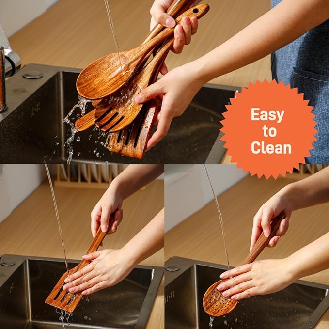 6 PCS Wooden Spoons for Cooking - Teak Wooden Cooking Utensils Set with Holder - Non-Stick, Soft Grip, Ergonomic Design - Natural Finish-Ruum Studio Home