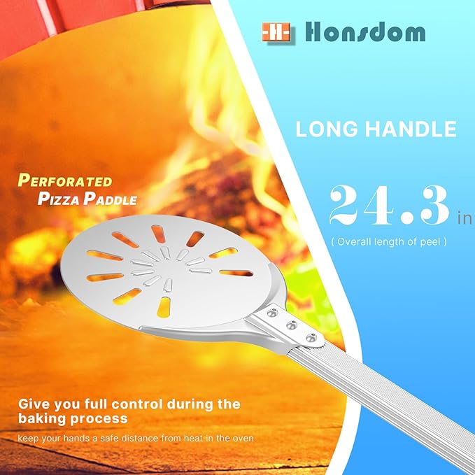 Pizza Turning Peel, 8-inch Pizza Peel Turner Spinner, Long Handle Perforated Aluminum Pizza Peel with Silicone Hook, Pizza Oven Accessories-Ruum Studio Home