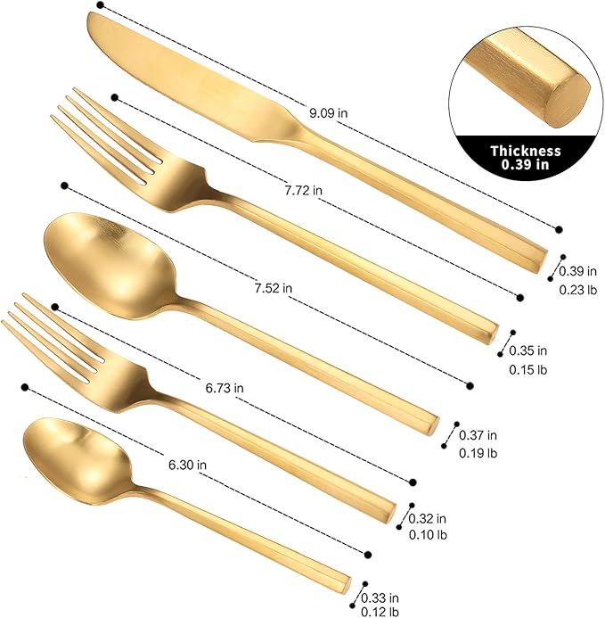 Matte Silverware Set Gold Flatware Set with Hexagon Handle 20 Pieces 18/0 Stainless Steel Cutlery Set Wedding Housewarming Gift Service for 4 (Matt gold)-Ruum Studio Home