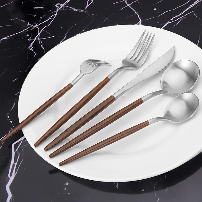 Matte Silver Silverware Set With Brown Handle, Vanys 20 Piece Stainless Steel Cutlery Flatware Set, Kitchen Utensil Sets for 4, Tableware With Knife Spoons And Forks Set, Satin Finished Polished-Ruum Studio Home