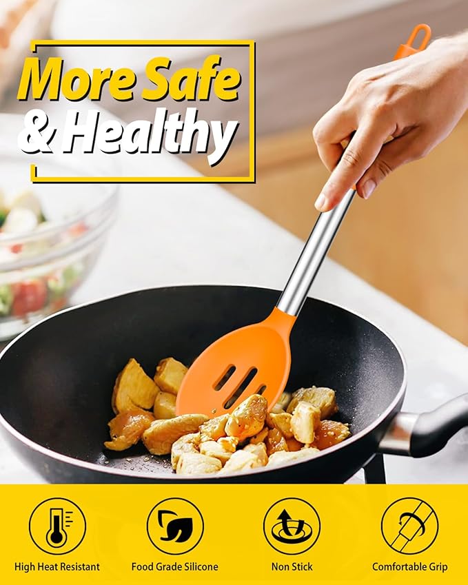 Pack of 2 Large Silicone Cooking Spoons,Non Stick Solid Basting Spoon,Heat-Resistant Kitchen Utensils for Mixing,Serving,Draining,Stirring (ORANGE)-Ruum Studio Home