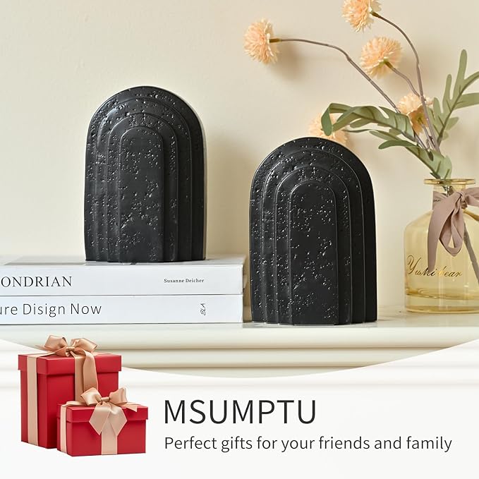 Decorative Bookends for Shelves, Set of 2 Book Ends for Heavy Books, Layered Arch Design Black Bookend-Ruum Studio Home