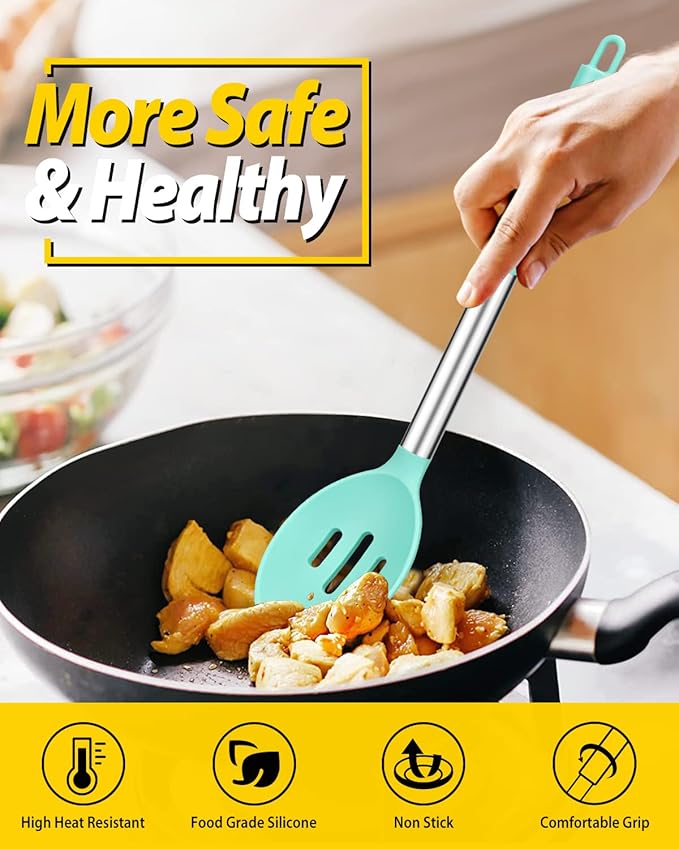 Pack of 2 Large Silicone Cooking Spoons,Non Stick Solid Basting Spoon,Heat-Resistant Kitchen Utensils for Mixing,Serving,Draining,Stirring (GREEN)-Ruum Studio Home