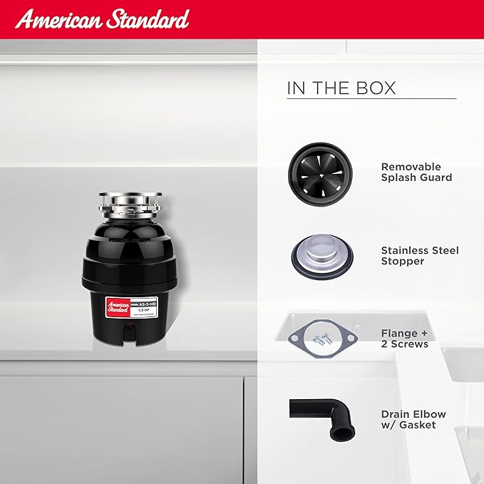 American Standard 10-US-AS-5-HD Garbage Disposal Anti-Jam Stainless Steel Food Waste Grinding System, Heavy Duty, 1/2 HP, Black-Ruum Studio Home
