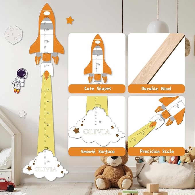 Personalized Name Height Chart for Kids, Cute Rocket Wooden Growth Chart for Kids, Wall Height Chart for Children, Cute Wall Ruler for Kids, Track Height Measurement, Easy to Install-Ruum Studio Home