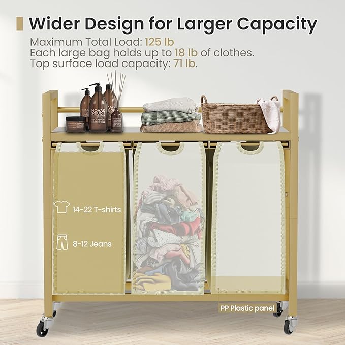 Laundry Hamper, Laundry Basket, Laundry Sorter with 3 Removable Bags, Clothes Basket with 3 Compartments, Wheels, Shelf for Laundry Room Bathroom Bedroom (3 Bags-Golden)-Ruum Studio Home