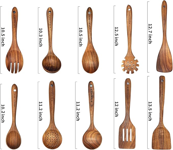 Wooden Spoons for Cooking,10 Pcs Natural Teak Wooden Kitchen Utensils Set Wooden Utensils for Cooking Wooden Cooking Utensils Wooden Spatulas for Cooking-Ruum Studio Home