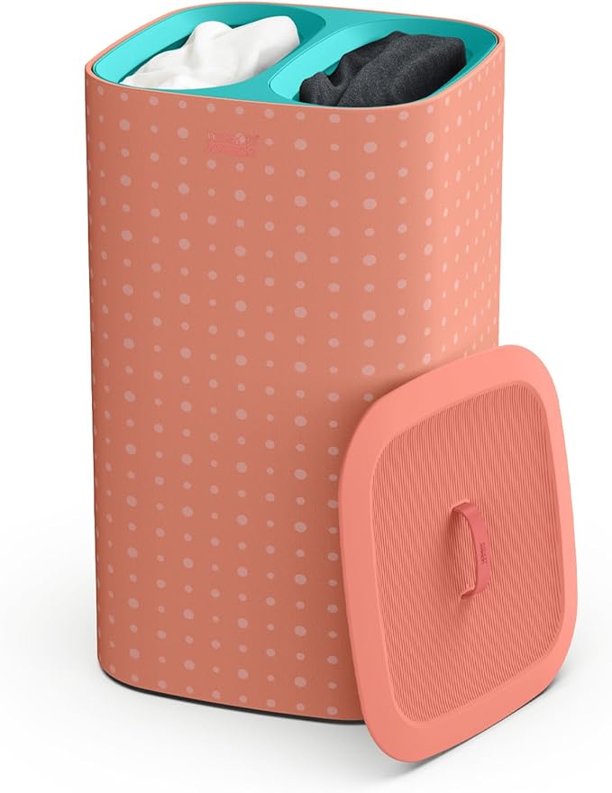 Joseph Joseph Tota Pop 60 liter/15.8 gallon Laundry Hamper Separation Basket with lid, 2 Removable Washing Bags with Handles- Coral/Green-Ruum Studio Home