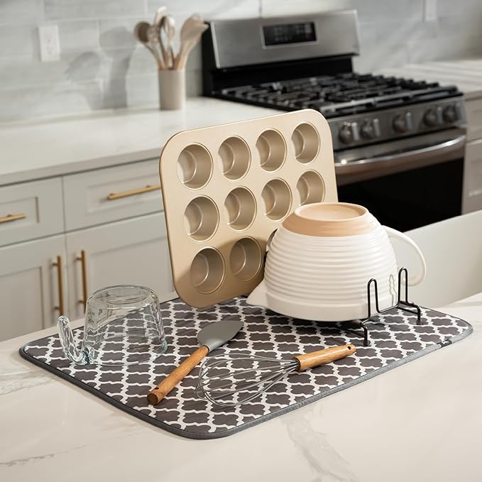 S&T INC. Dish Drying Mat XL, 18” x 24”, Absorbent Microfiber Kitchen Counter Mat, Dish Drying Pad for Dishes, Utensils, Pots and Pans, Extra Large, Pewter Grey Trellis-Ruum Studio Home