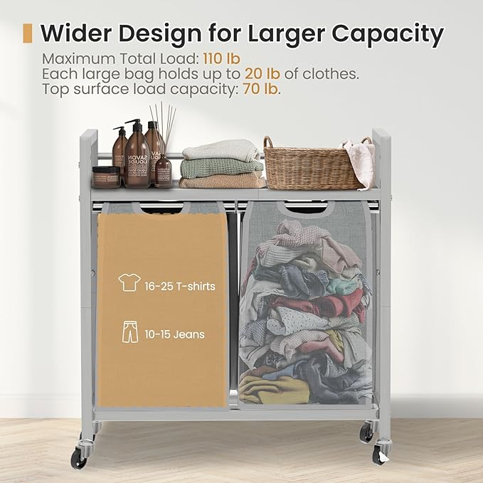 Laundry Hamper, Laundry Basket, Laundry Sorter with 3 Removable Bags, Clothes Basket with 3 Compartments, Wheels, Shelf for Laundry Room Bathroom Bedroom (2 Bags-Gray)-Ruum Studio Home