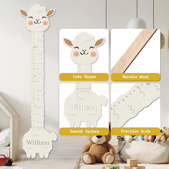 Personalized Name Height Chart for Kids, Alpaca Wood Growth Chart, Height Measuring for Children, Boy Girls Height Wall Chart Growth Measuring Ruler for Nursery Decor, Lightweight-Ruum Studio Home