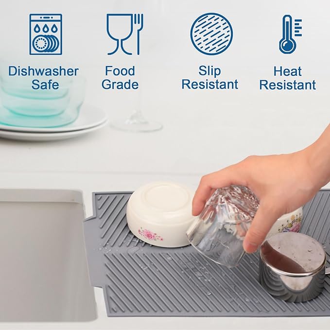 Silicone Dish Drying Mat for Kitchen Counter, 15''x 10'' Drying Mat with Drain Lip, Non-Slip Dish Drainer Mats with Built-in Drain, Heat Resistant Drain Pad on Countertop, Gray-Ruum Studio Home