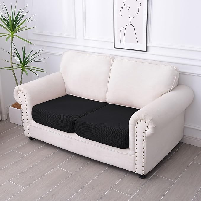 hyha Waterproof Couch Cushion Covers for Pets, Non Slip Sofa Seat Cover for Dogs Washable, Soft Thick Stretch Jacquard Fabric, Sofa Slipcovers with Elastic Bottom (2 Pieces, Black)-Ruum Studio Home