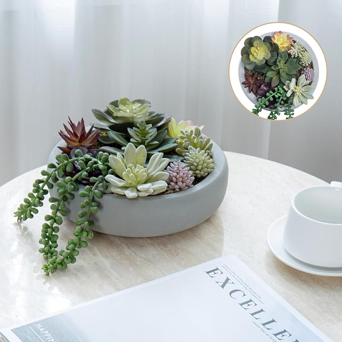 MyGift 8 Inch Round Modern Artificial Succulent Arrangement Potted in Gray Concrete Plant Bowl, Assorted Faux Mini Succulents in a Decorative Planter Pot-Ruum Studio Home