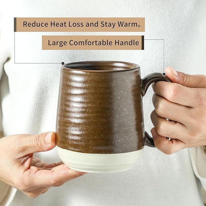 Hasense Coffee Cups Set of 6, 15 oz Stoneware Coffee Mugs with Big Handles, Modern Tea Cup for Indoor and Outdoor for Cocoa, Milk, Tea, Hot Chocolate, Soup, Valentine's Day Gifts, Brown-Ruum Studio Home