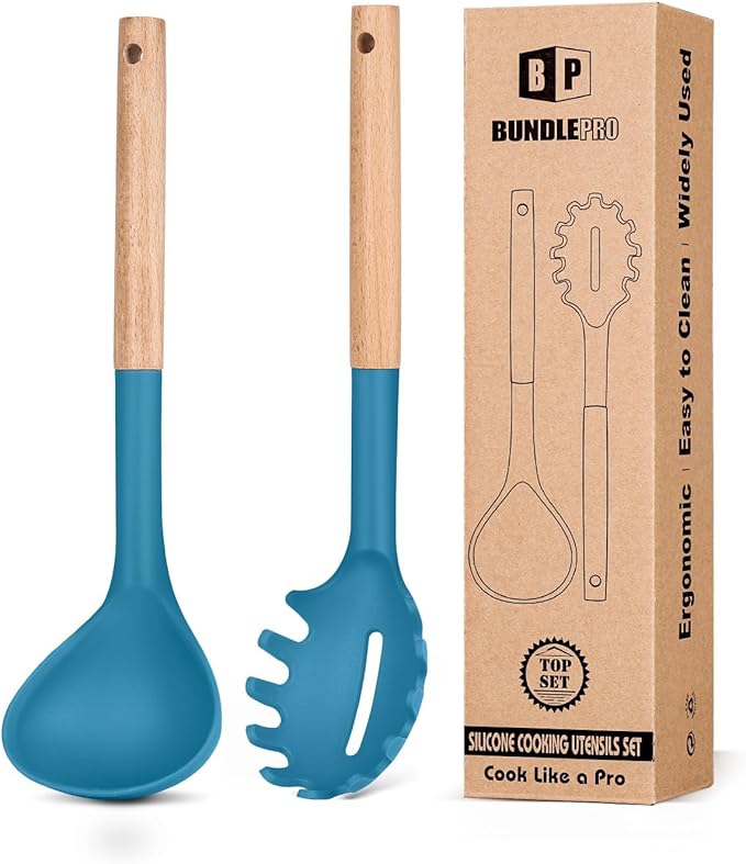Silicone Pasta Fork and Ladle Spoon Set with Wooden Handle, Heat Resistant Non Stick Kitchen Utensils for Cooking, Stirring, Serving Spaghetti, Soup, Sauce(BLUE)-Ruum Studio Home