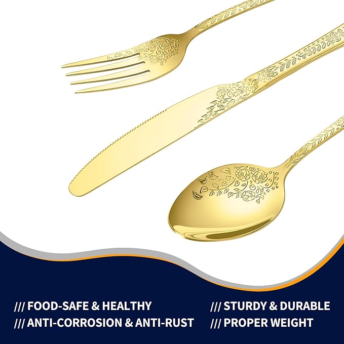 Floral 40 Pcs Gold Silverware Set for 8, Food Grade Stainless Steel Flatware Set with Rose Flower Embossed Design, Eating Utensils Sets Include Fork/Knife/Spoon, Reusable Cutlery Set, Dishwasher Safe-Ruum Studio Home