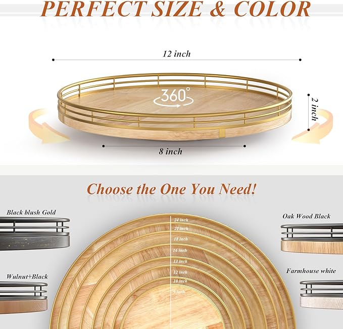 Farmhouse Oak 12" Lazy Susan Turntable Organizer for Cabinet, Round Wooden Lazy Susan Organization and Storage for Dining Table, Pantry, Kitchen, Countertop, Cupboard,Home Decor-Ruum Studio Home
